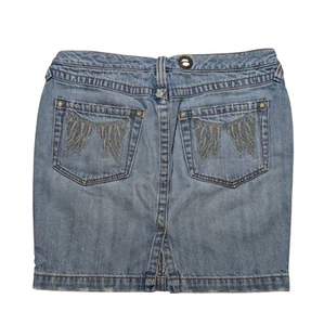 FP Free People Denim Blue Jean Mini Skirt 26 Wing Embroidered Pockets Angel Boho - Picture 1 of 5