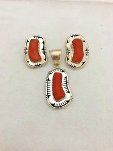 Navajo Sterling Silver .925 Coral Earrings & Pendant Set by E. Etsitty  - Picture 1 of 11
