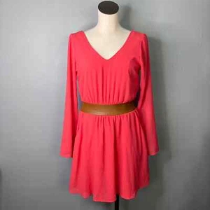 Charlotte Russe Coral Chiffon Bell Sleeve Vegan Leather Wait V-Neck Dress Size M - Picture 1 of 16