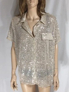 Damenbluse neu mit Etikett INC silberfarben Pailletten Kurzarm Kragen Fronttasche - Bild 1 von 5