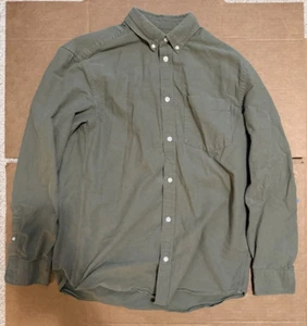 H&M Button Up Shirt Green Olive Regular Fit Medium Collared 100% Cotton White - Picture 1 of 4