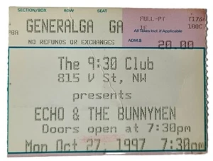 Echo and the Bunnymen Konzertticket Stub Mon 27. Oktober 1997 The 9:30 Club DC SELTEN - Bild 1 von 2
