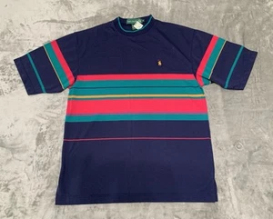 Vintage 90s Striped Shirt Mens Medium Navy Knights of Round Table Pocket Tee Y2K - Bild 1 von 9