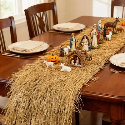 Corredor de mesa de heno de paja sintética 36 pulgadas para belén decoraciones de fiesta de Navidad  Foto 1 de 4