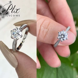 0.5-1CT Real MOISSANITE Round 925 Sterling Silver Ring GRA Sparkly Dainty Bands - Picture 1 of 18