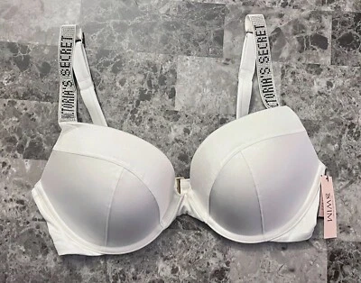 NUEVO CON ETIQUETAS VICTORIA'S SECRET 36DD BLANCO PLATA BRILLO CORREA SEXY CAMISETA PUSH UP BIKINI TOP Foto 1 de 4