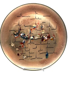 VTG MCM California Cloisonne Enamel on Copper Metal Plate 8 7/8" Abstract Design - Picture 1 of 8