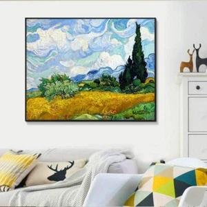Impresión enmarcada campo de trigo con cipreses por Vincent Van Gogh arte de pared 24"x32" - Imagen 1 de 8