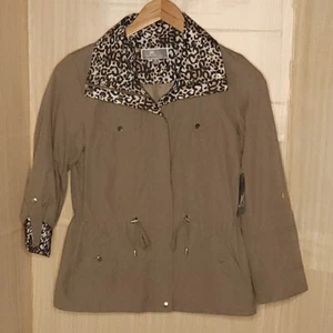 JM Collection Petite New Tan Animal Print Full Zip Hooded Water Resistant Jacket - Picture 1 of 7