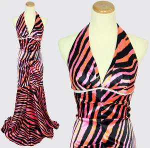 NEU 189 $ Jump Satin Zebra-Druck Neckholder langes Kleid Größe 5 Meerjungfrau fuchsia schwarz - Bild 1 von 12