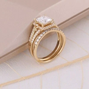 2.40Ct Princes Cut Simulated Diamond Bridal Set Ring In 14k Yellow Gold Plated - Picture 1 of 8