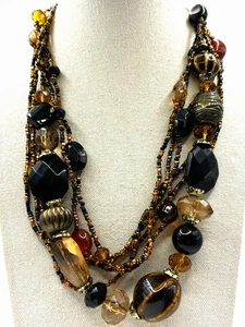 Vintage Multi Strang Schwarz Braun Rocailles Glas Acryl Stein Lagenlook Halskette - Bild 1 von 22