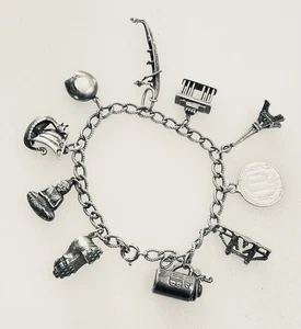 Vintage Sterling Silber Bettelarmband mit 9 Charms und sowjetischer Münze - Bild 1 von 10