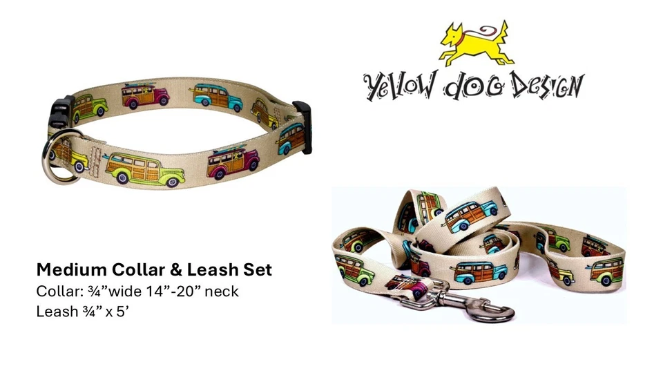 Yellow Dog Medium Collar & Leash Woody Wagon Surfboard Beach Pop Culture 14"-20" - Image 1 of 4