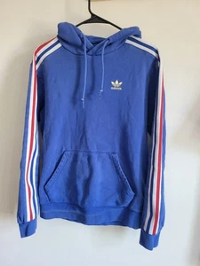 Adidas Vintage 90s Fleece Hoodie Sleeve Stripe Trefoil Blue Mens Small - Picture 1 of 8