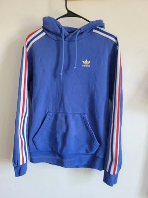 1990s Adidas Blue Hoodie Pullover Men's Small Sleeve Stripe Trefoil Blue  - Image 1 of 4