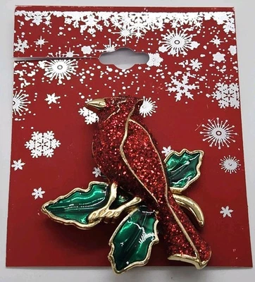Red Cardinal Bird Brooch Enamel Pin Gold Tone Holiday Christmas Pin Sparkle New - Image 1 of 4