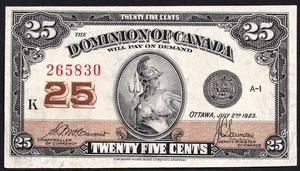 1923 Dominion of Canada 25c Twenty Five Cent Shinplaster McCavour 265830 - Picture 1 of 2