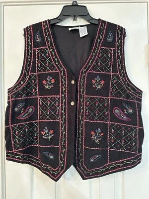 Bobbie Brooks 复古黑色背心,彩色刺绣,尺寸 L — 第 1/3 张图片