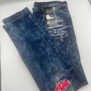 Y2K ENCRYPTED Distressed Denim Jeans Bandana Patches Blue Women's Size 18 30x30 - Picture 1 of 6