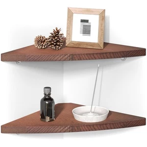 Corner Shelf Wall Mount(Set of 2)Wooden Floating Display 8.5in Brown - Picture 1 of 6