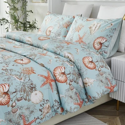 Beach Bedding Cal King Cotton Luxury Coastal Bedding Set 3Pcs Starfish Conch ... - Image 1 of 4