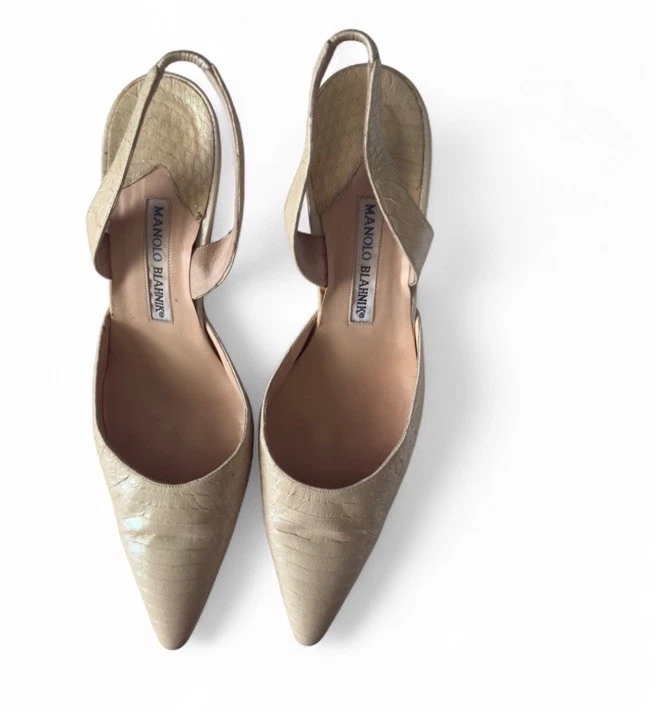 Manolo Blahnik Carolyne Serpiente 256 Tacones Cordones 40 Crema Serpiente Brillo RARO Foto 1 de 4