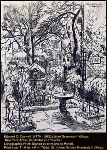 EDWARD CASWELL Original Lithograph Greenwich Village Garden N.Y. City - Picture 1 of 2