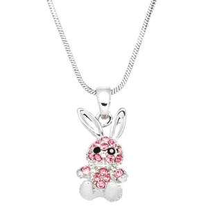 Bunny Rabbit Necklace Pave Rhinestone Egg Carrot Easter Jewelry SILVER PINK - Picture 1 of 2