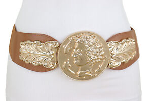 Women Brown Wide Elastic Chic Fashion Cool Belt Gold Metal Greek Coin Buckle S M