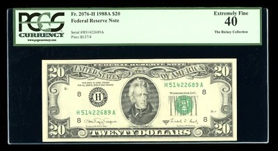 DBR 1988-A $20 FRN St. Louis Fr. 2076-H PCGS XF-40 Serial H51422689A - Image 1 of 2