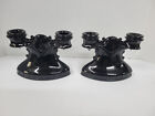 Vintage LE Smith Black Glass Double Shield Candle Holders Set of 2