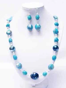 26 Inch Assorted Turquoise Acrylic/Glass Bead Necklace/Earring Set - Picture 1 of 10