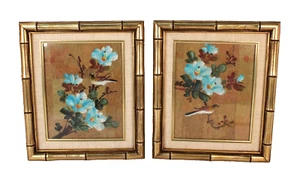 Chinese Paintings of Flowers Birds on Cork Paper Framed Signed - Picture 1 of 14