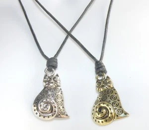 Cat Kitten Puss Pendant in a Black Waxed Cotton Cord Necklace Choker Surfer Knot - Picture 1 of 7