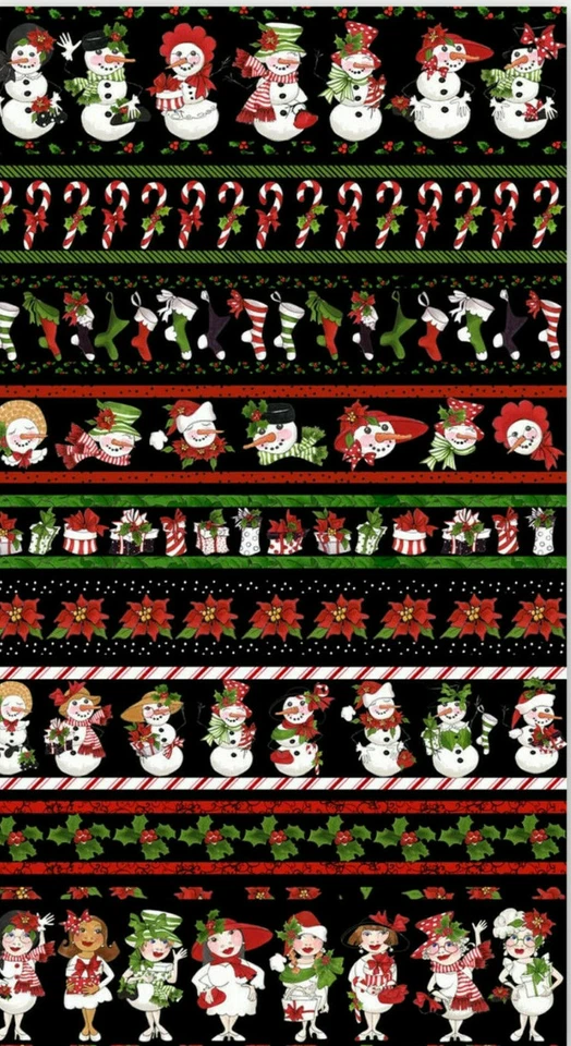 Christmas Fabric Snowlady Snowman Stripe Black Cotton Loralie Designs By Yard - Image 1 of 1