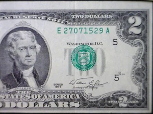 1976 $2 ERROR 3rd Print Shift BICENTENNIAL Note NICE AU Federal Reserve Currency - Picture 1 of 7