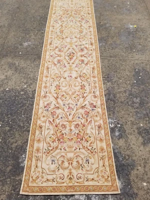 Antique French Handmade Aubusson Style Floral Wool Runner Rug 118x29 inches - Image 1 of 4