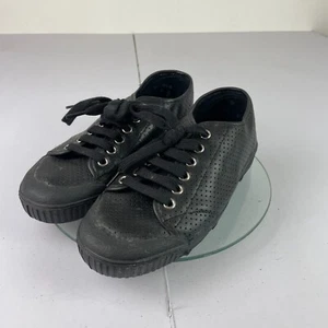 Spring Court Trainers 4 37 Black Shoes Womens Casual Leather Plimsole Punch - Picture 1 of 14