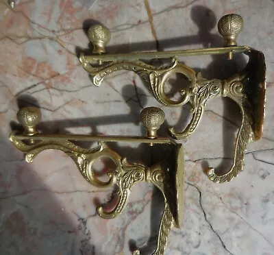 Pair Of Ornate Brass Shelf Brackets With Hooks, Victorian Style W/screws Unused • 64.76$