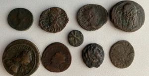 9 Ancient Roman Bronze and Silver Coins. Unsearched and Uncleaned. Lot G.  - Picture 1 of 2