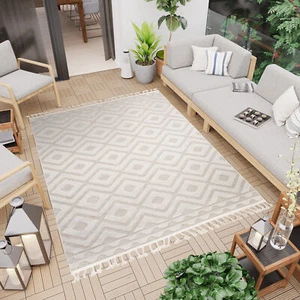 Alfombra Tela Plana 3D Estructura Interior Exterior Beige Flecos Terraza Balcón - Imagen 1 de 11
