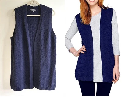 Lisa Rinna Collection Jacquard Sweater Duster Vest Navy Size XL - Image 1 of 4