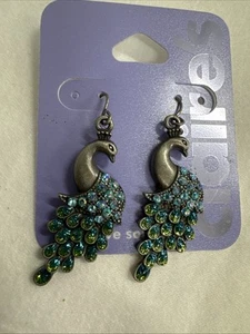 Peacock Earrings Dangle Drop Green Blue Stones On Tails 5/8” X 1 1/2” - Picture 1 of 5