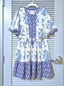 abito elastico in vita bianco/blu stampa color block XL con orecchini anthropologie - Foto 1 di 3