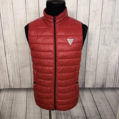 Guess Men's Medium Red Nylon Full Zip Puffer Vest - Image 1 of 4