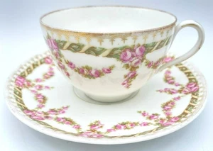 Vintage MZ Moritz Zdekauer Austria Bone China Floral Roses Gold Tea Cup & Saucer - Picture 1 of 9