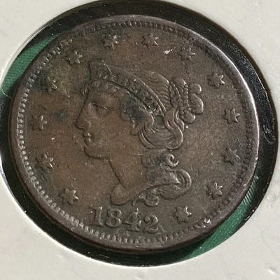 1842 Braided Hair Large Cent Liberty Head Small Date VF Very Fine BN Copper - Image 1 of 2
