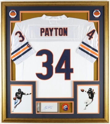 Expositor de corte enmarcado personalizado firmado por Walter Payton 33x37 con prendedores de jersey y osos PSA Foto 1 de 4