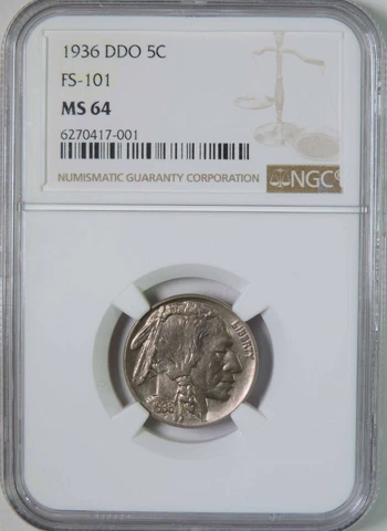 1936 P DDO Double Die Obverse Buffalo Nickel FS-101 NGC Graded MS64 BU Cover